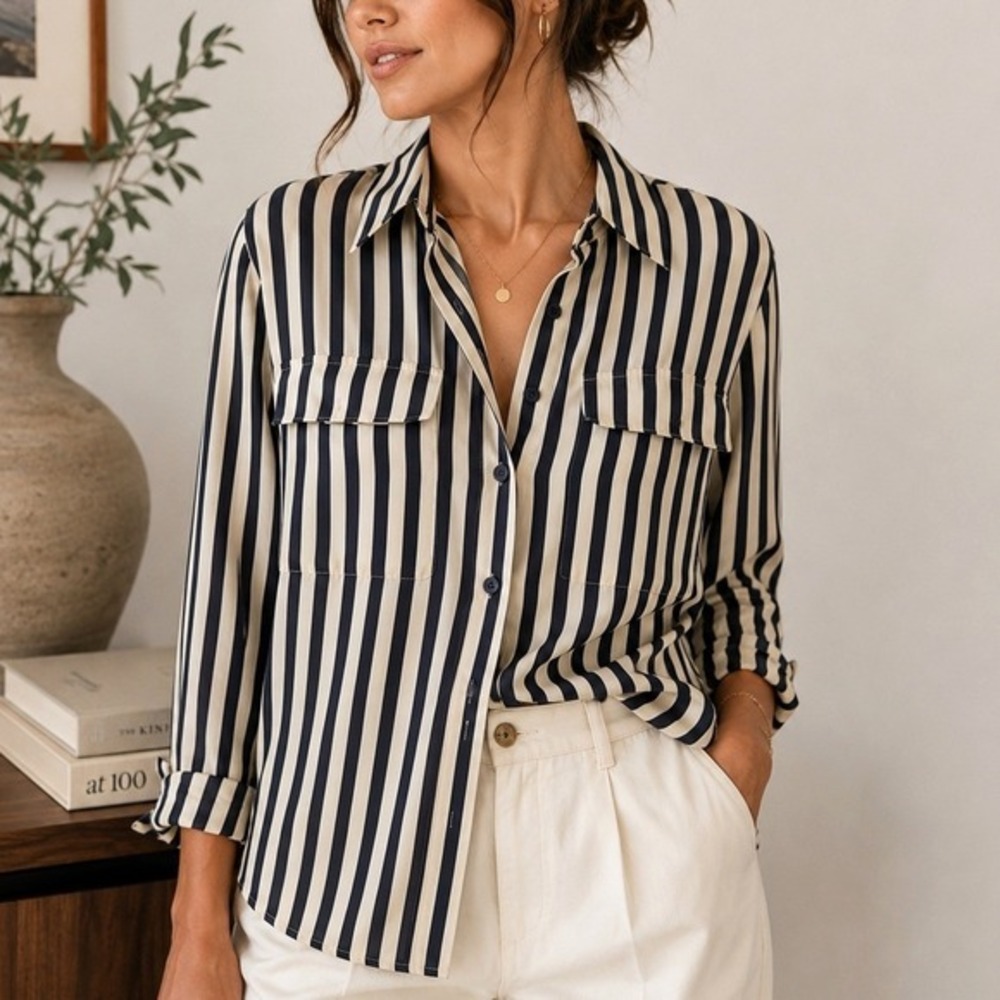 VTG Nautical Stripe Button Up Blouse 10 Navy Cream Quiet Luxury Coastal Parisian